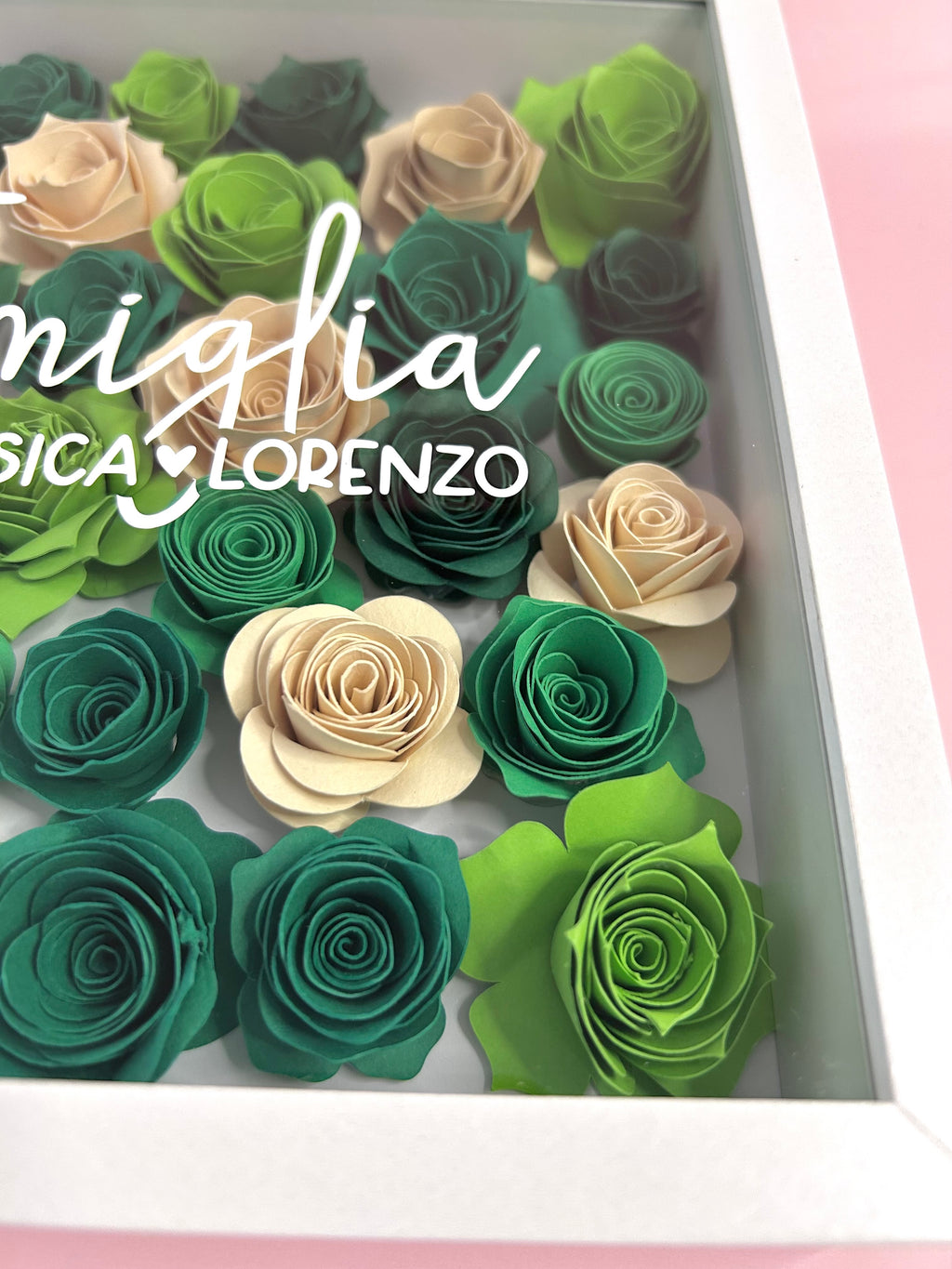 Cornice famiglia legno fiori carta personalizzata - Paper art artigianale Made in Italy
